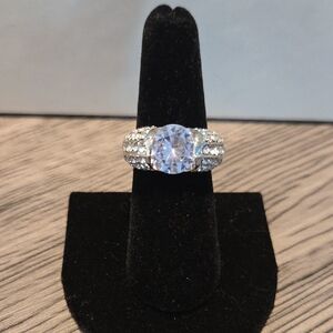 Bold Silvertone Ring w/ Clear Center Stone